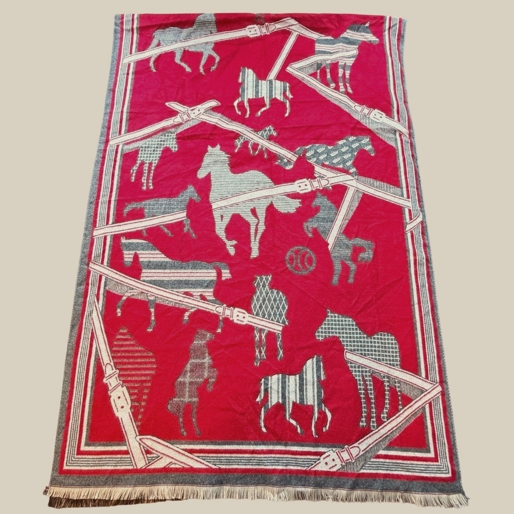 Equestrian Pashmina Scarf Wrap Cashmere Blend Red Gray Horse Bridle 72" Red Gray